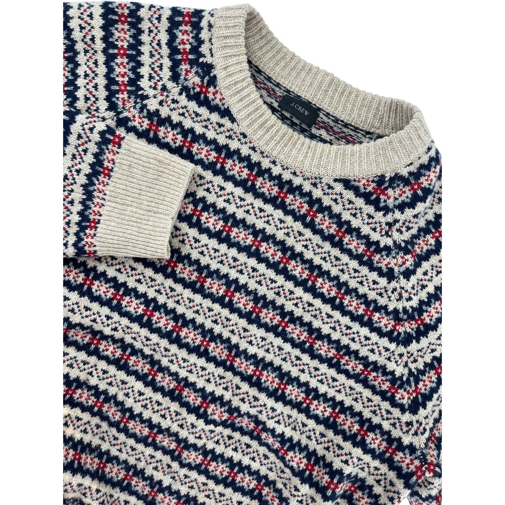 J.Crew‎ Mens 100% Lambswool Fair Isle Crewneck Sweater Oatmeal Navy Red XL